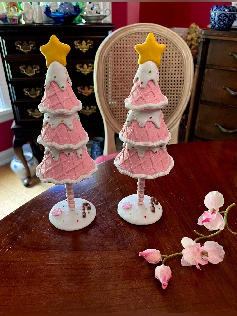 Set of 2 Pink Waffle Cone Christmas Tree Figurines 10